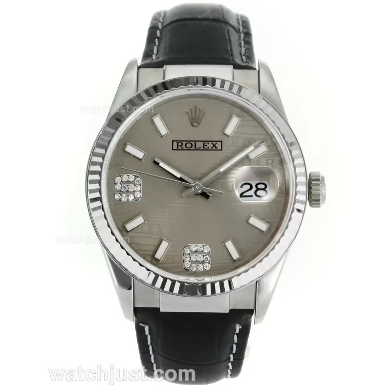 Rolex Datejust Automatic Movement with Gray Watermark Dial Leather Strap